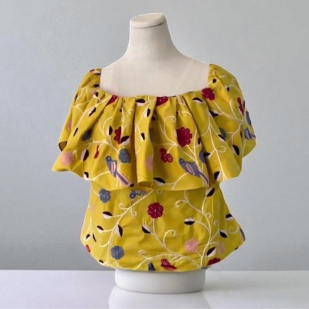 Pearl by Lela Rose  Embroidered CITRINE MULTI Cotton Ruffle Detail Top